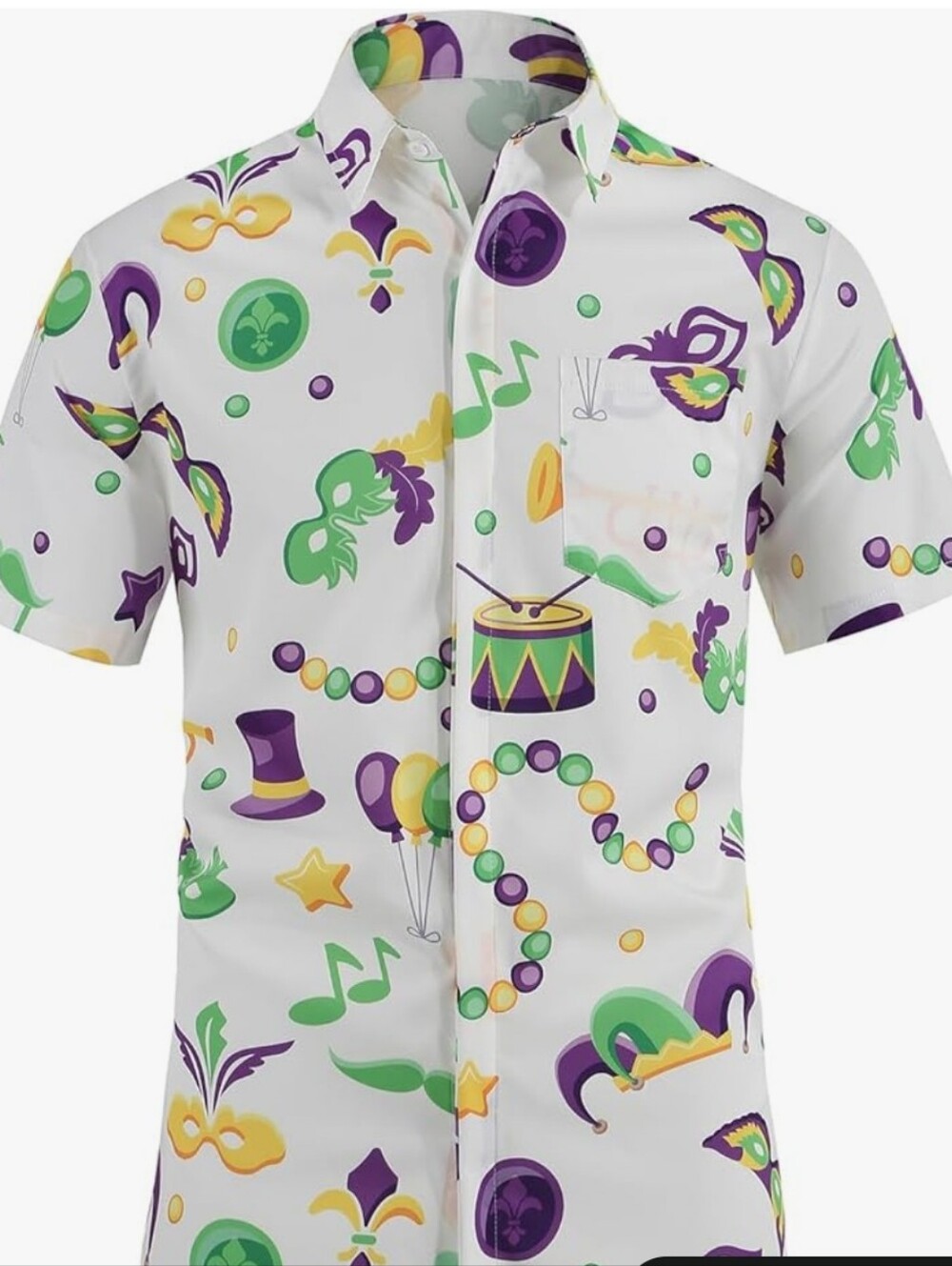 Men's button down short sleeve, Mardi Gras shirt.